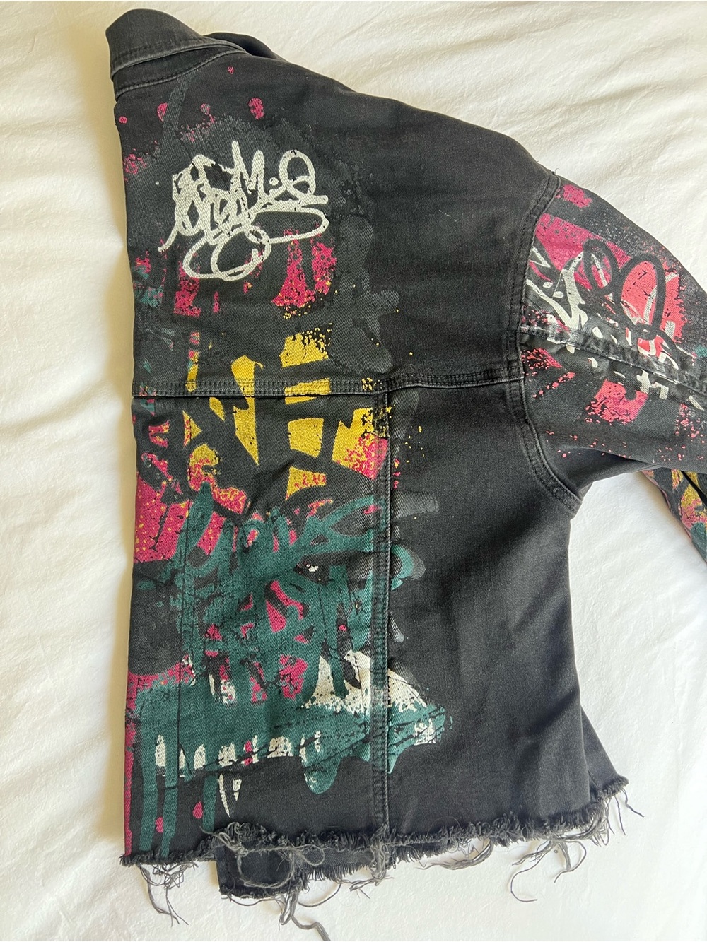 Love & Legend Black Cropped Denim Jacket with Colorful Graphic Sleeve - Picture 2 of 4